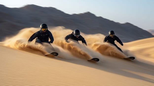 Sand dune snowboarding: extreme sport, desert landscape, downhill motion, carving ride, speed thrill, gravity defiance, adventurous action, adrenaline surge, sandy slopes, challenging terrain