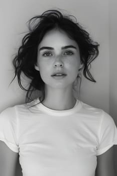 A monochrome image featuring a woman in a white tshirt, with a striking smile on her lips and a noticeable eyelash resting on her forehead. Her head is tilted, highlighting her jawline and shoulder