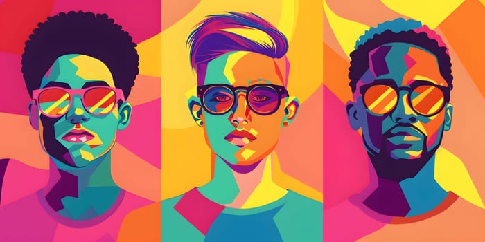 Vibrant art with individuals wearing sunglasses, showcasing bright colors