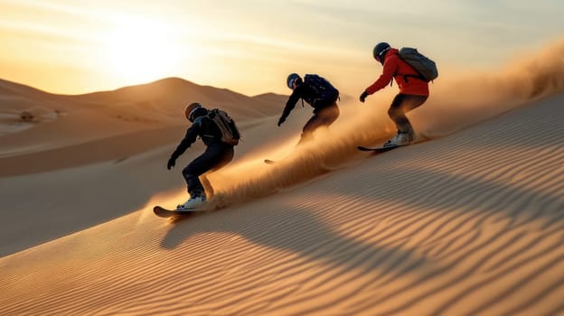 Sand dune snowboarding: extreme sport, desert landscape, downhill motion, carving ride, speed thrill, gravity defiance, adventurous action, adrenaline surge, sandy slopes, challenging terrain