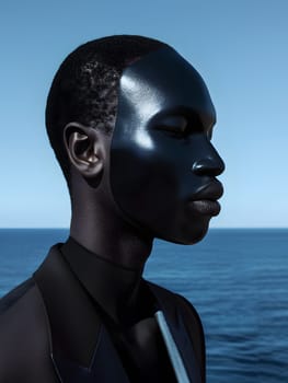 A man wearing a black mask is gazing out at the vast ocean, his jawline sharp against the fluid horizon. The sky and water blend like a sculpture, a masterpiece of natural art
