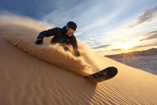 Sand dune snowboarding: extreme sport, desert landscape, downhill motion, carving ride, speed thrill, gravity defiance, adventurous action, adrenaline surge, sandy slopes, challenging terrain