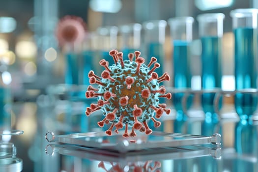 An electric blue computergenerated image of a virus in a glass test tube, showcasing a beautiful fusion of technology and science in a laboratory setting