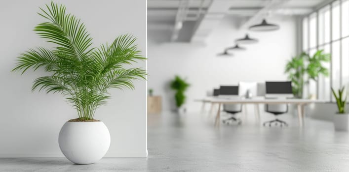 Cosy office: spacious layout, bright lighting, green accents, calming atmosphere, blank text space, modern decor, tranquil environment, natural elements, creative workspace, minimalist design