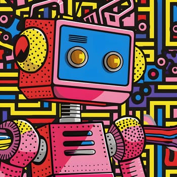A magenta robot with a blue head created in a textile art style. The design features a rectangular body adorned with a unique pattern, showcasing a blend of technology and creativity
