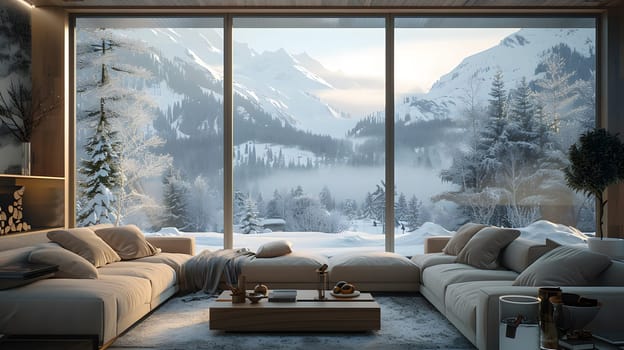 A property with a living room featuring furniture made of wood, positioned by a window showcasing a snowy mountain range. The interior design combines natures beauty with a cozy atmosphere