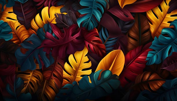 A close-up image capturing a variety of tropical leaves arranged on a black background, creating a striking contrast and a visually appealing composition.