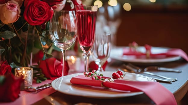 Festive table setting with candles and arrangement of beautiful red flowers. Holiday concept. High quality photo