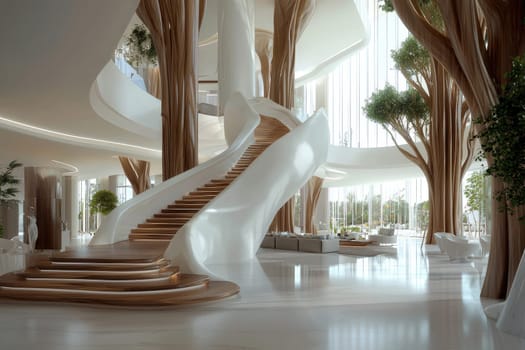 Organic futurism: symbiosis of nature and architecture in a future space with flowing lines and natural light,