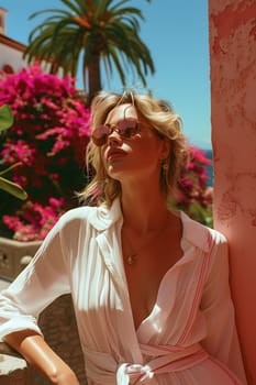 A woman with sunglasses and a white shirt is casually posing against a pink wall, surrounded by palm trees, under the clear sky, exuding a sense of leisure and fun