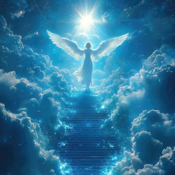 Spiritual journey: winged figure, soul passage, afterlife concept, divine departure, heavenly ascent, sacred rebirth, life transition, celestial being, divine wings, ethereal existence