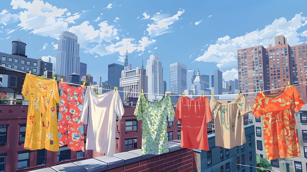 Bright clothes hanging to dry on a rooftop line with a cityscape background