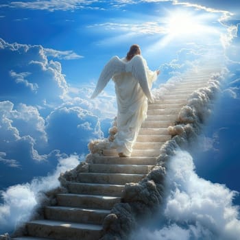Spiritual journey: winged figure, soul passage, afterlife concept, divine departure, heavenly ascent, sacred rebirth, life transition, celestial being, divine wings, ethereal existence