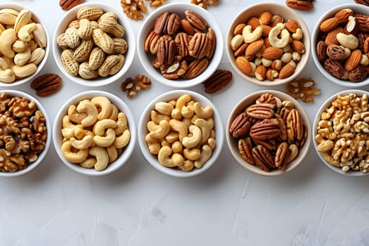 A selection of various nuts displayed in bowls on a table a delicious and nutritious assortment perfect for snacking or adding to your favorite recipes