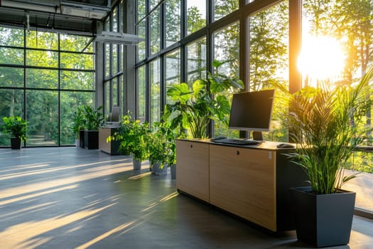 Spacious workspace: bright interior, greenery touch, blank text area, functional layout, peaceful ambiance, natural light, modern aesthetic, serene atmosphere, professional tone, inviting atmosphere