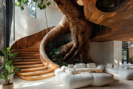 Biophilic interior: harmony of natural forms, cozy textures and innovative design in living space.