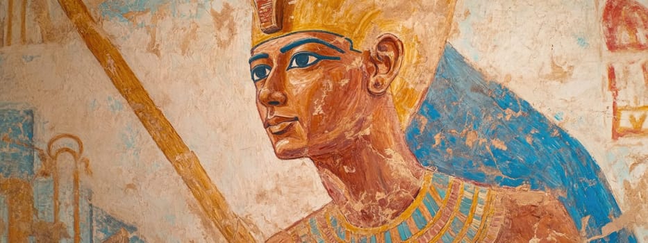 Egyptian wall painting: deity portrayal, sovereign likeness, royal symbolism, sacred fresco, ancient art, cultural depiction, divine representation, pharaoh illustration, historical mural