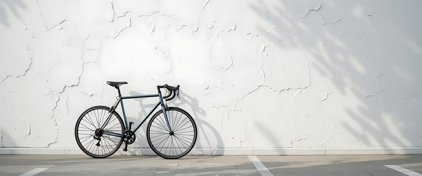 A lone bicycle stands against a cracked, sun-drenched wall, shadows dancing in quiet solitude. Emptiness echoes, evoking a sense of longing and forgotten journeys.
