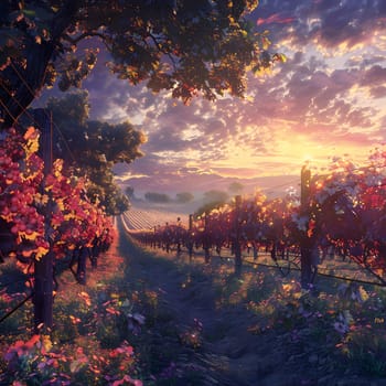 A picturesque natural landscape painting of a vineyard at dusk, with a beautiful sunset in the background illuminating the sky and horizon