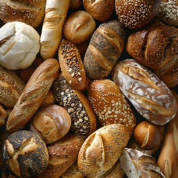 A variety of bread made from natural ingredients like wheat, seeds, and vegetables are arranged on a table. The assortment includes staple foods from different cuisines