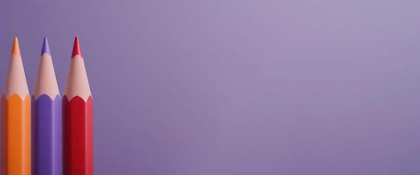 Threevibrant pencils stand tall against a serene lavender sky, their tips sharply poised, ready to create. Each hueâ€”warm orange, regal purple, vivid redâ€”whispers tales of imagination. The atmosphere is one of calm anticipation, where creativity awaits its moment to blossom.