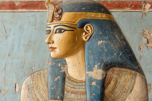 Ancient Egyptian mural: divine figure, pharaoh imagery, sacred artwork, royal icon, historical depiction, religious art, cultural heritage, hieroglyphic style, symbolic representation, regal painting