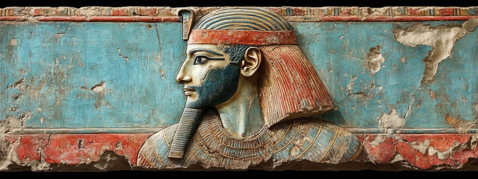 Ancient Egyptian mural: divine figure, pharaoh imagery, sacred artwork, royal icon, historical depiction, religious art, cultural heritage, hieroglyphic style, symbolic representation, regal painting