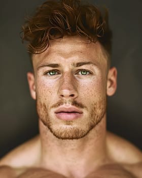 A man with red hair and green eyes gazes at the camera, showcasing his defined jawline, prominent cheekbones, and intense stare