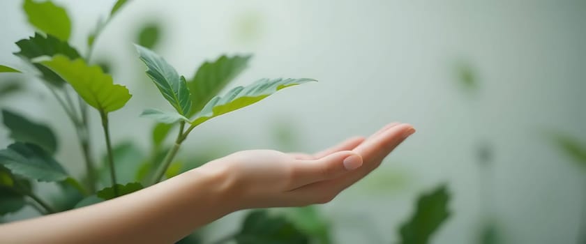 A hand reaches gently through a veil of fresh green leaves, as if offering peace to the world. Soft sunlight dances on skin and foliage, whispering tranquility and hope in nature's embrace.