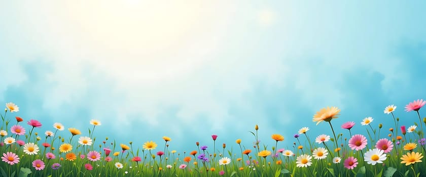 Beneath a soft, radiant sky, vibrant blooms dance in a gentle breeze, their colors whispering joy. Sunlight warms the scene, evoking tranquil, carefree days and the sweet scent of spring's renewal. Hope blossoms, unbound.