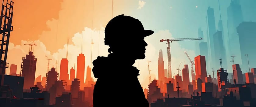 Silhouetted against a fiery sunset, a lone figure in a hard hat gazes at a sprawling cityscape under construction. Towering cranes cast long shadows, symbolizing ambition and growth. The hues of sunset blend with urban silhouettes, evoking hope, resilience, and the promise of tomorrow.