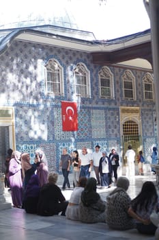 turkey istanbul 22 may 2023. Turkish flag on the wall of a Eyup Sultan mosque .