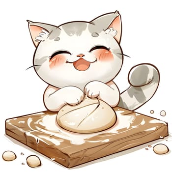 Cute animated cat kneading dough, perfect for baking themes and adorable content