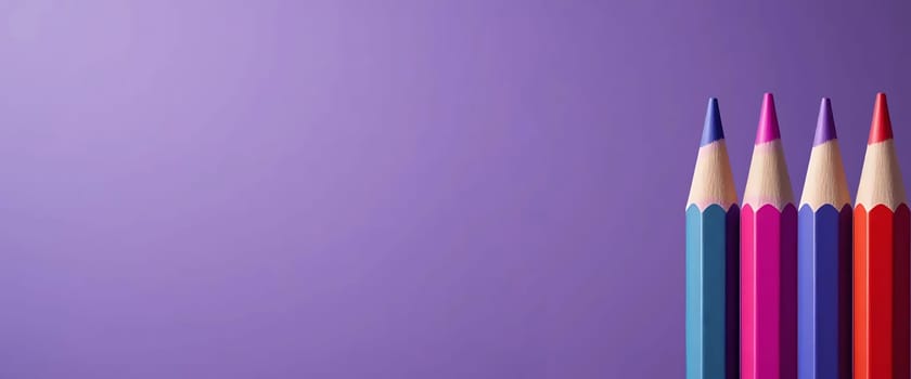 Vibrant pencils stand tall, a burst of color against a serene purple expanse. Each tip whispers tales of creativity, evoking a playful, hopeful mood. The scene hums with potential, like a blank canvas awaiting inspiration.