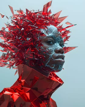 A closeup shot of a persons face wearing a red headpiece at an art event. The headgear is made of natural material, enhancing the fictional characters appearance in vibrant carmine hues