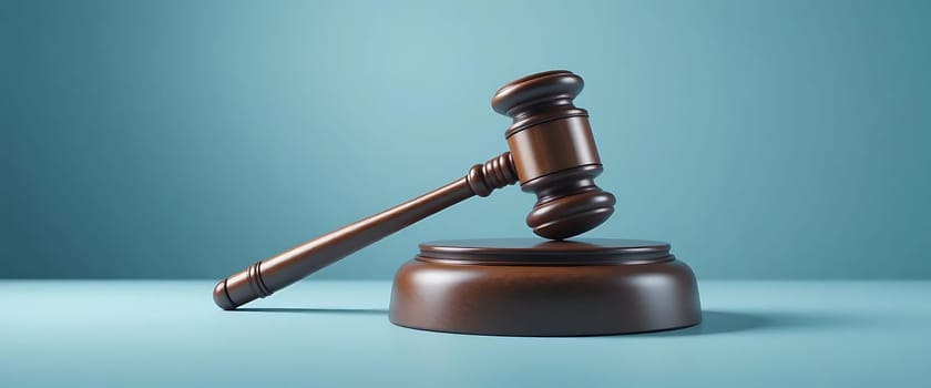 A polished gavel hovers, poised to strike. The anticipation thickens like the calm before a storm, justice balanced on a razor's edge. The cool blue backdrop echoes the gravity of impending judgment, a silent drumbeat of consequence.