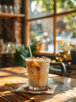 A cocktail made of coffee, ice, and alcohol served in a glass with a straw on a wooden table