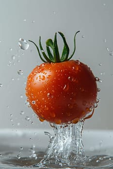 A tomato, a fruit belonging to the plant organism, is being immersed in a bowl of water, absorbing the liquid and becoming a key ingredient in food preparation