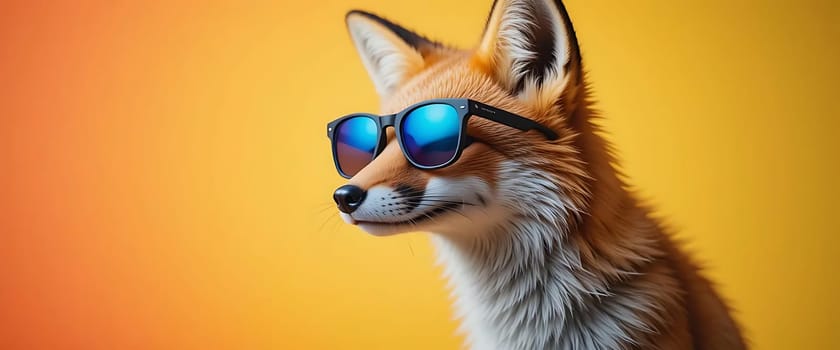 A playful fox, donning cool shades, grins against a warm, sunset-yellow backdrop. Its fur, a blend of fiery hues, embodies a sense of joy and carefree spirit. The scene radiates a whimsical, feel-good vibe, inviting laughter and lightheartedness.
