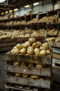 A crate made of wood containing fresh potatoes, a natural food ingredient, stored in a warehouse for retail or mass production of whole foods