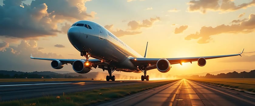 Golden sunset paints the sky as a majestic plane ascends, engines roaring, chasing the horizon. Freedom and adventure beckon, echoing dreams of distant lands. Hope takes flight.