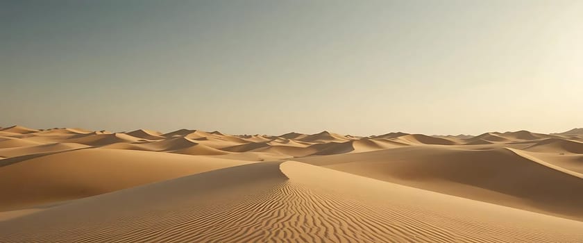 Golden dunes stretch endlessly, whispering secrets to the vast, tranquil sky. A serene, timeless expanse, where solitude meets the sun's gentle caress, evoking a profound sense of calm and introspection.