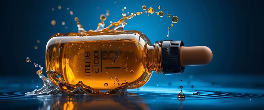 Golden elixir splashes vibrantly, capturing a moment of pure, dynamic energy. Droplets dance in mid-air, reflecting glimmers of hope and vitality. The deep blue backdrop whispers tranquility, contrasting with the fiery, lively spirit within the bottle. A sense of renewal and invigoration pulses through the scene, inviting a deep breath of rejuvenation.