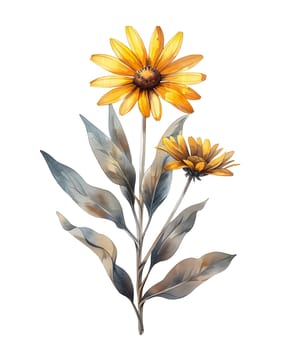 A watercolor painting depicting a vibrant yellow flower with green leaves, set against a clean white background. The artwork showcases the beauty of a flowering plant with delicate petals and foliage