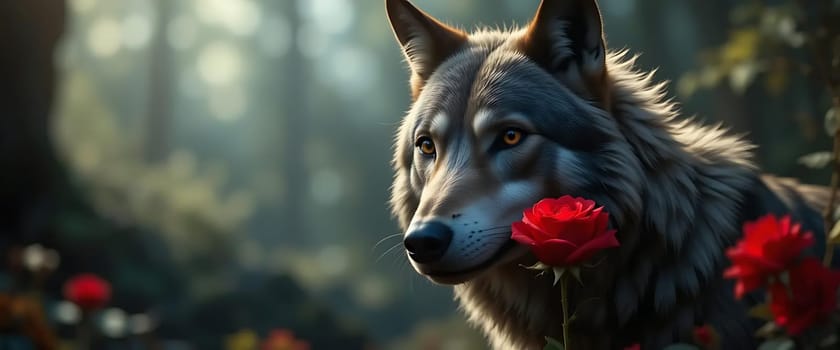 A serene wolf, eyes alight with gentle wisdom, cradles a crimson rose amidst a hazy, mystical forest. Tranquility and melancholy intertwine in a dance of nature's grace, as sunlight filters through, whispering secrets only the wild can hear.
