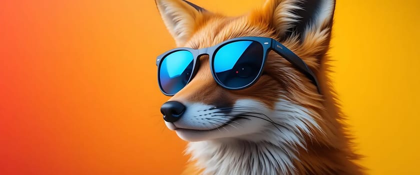 A fox grins slyly, its fur warm against an orange sunset. Cool blue sunglasses reflect the world, hiding secrets. Joy and mystery blend, evoking playful curiosity and summer's carefree spirit.