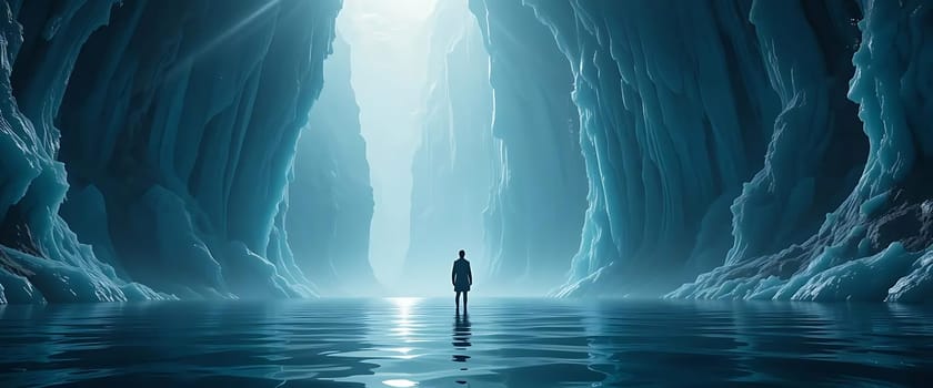 A lone figure stands in a frosted cavern, surrounded by ice walls glowing ethereal blue. Shafts of light pierce the silence, reflecting off the still, mirrored water. Isolation and wonder intertwine in this timeless, icy embrace.