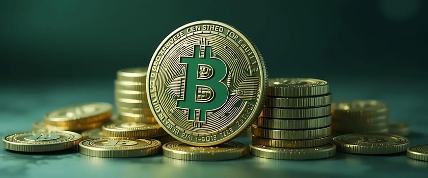 Gleaming gold coins cascade around a prominent Bitcoin emblem, shimmering under a mysterious, emerald-hued light. The atmosphere feels enigmatic, melding technological wonder with the allure of treasures untold. A sense of anticipation and intrigue permeates, evoking a modern-day quest for digital fortune amidst the shadows.