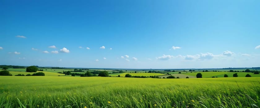 Vast green fields stretch under a boundless blue sky, dotted with playful clouds. A gentle breeze rustles through the lush grass, whispering secrets of endless summer days. Natureâ€™s tranquility embraces, inviting dreams and a sense of profound freedom. The sun warms the earth, caressing the heart with a serene, everlasting peace.