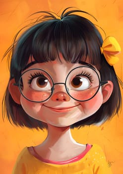 Adorable girl with round glasses, black hair and a yellow bow on an orange background.